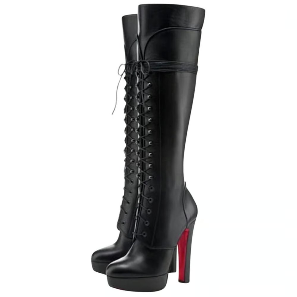 Christian Louboutin Nardja Black Leather Platform Knee High Boot Heel 8.5 US 39